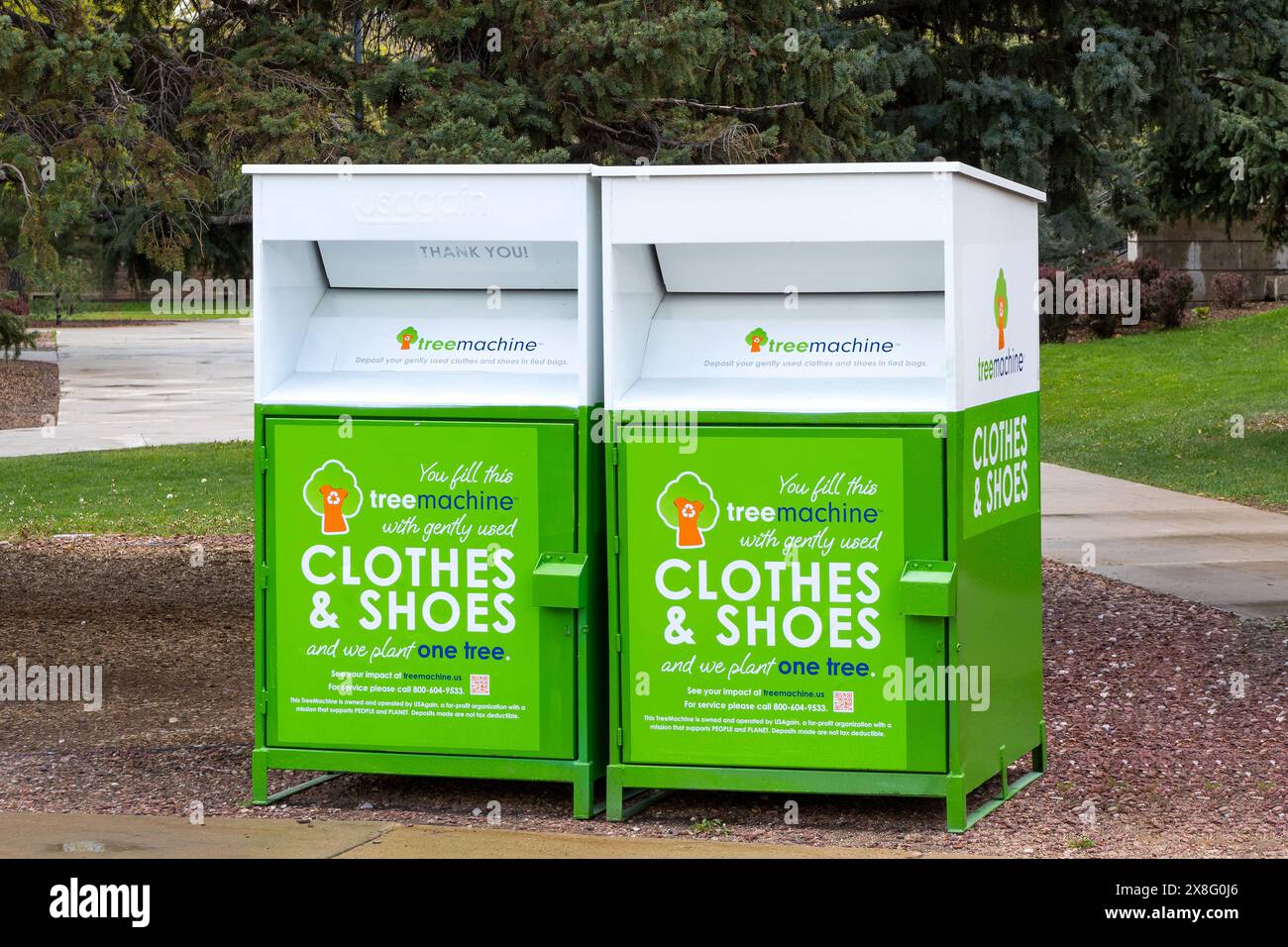 BOULDER, CO, USA MAY 12, 2024USAgain clothing donation box and