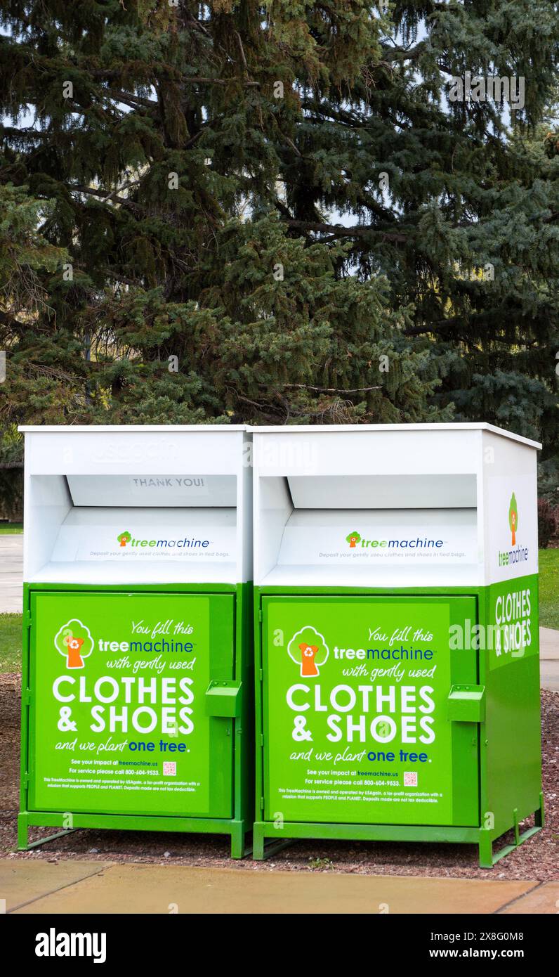 BOULDER, CO, USA MAY 12, 2024USAgain clothing donation box and