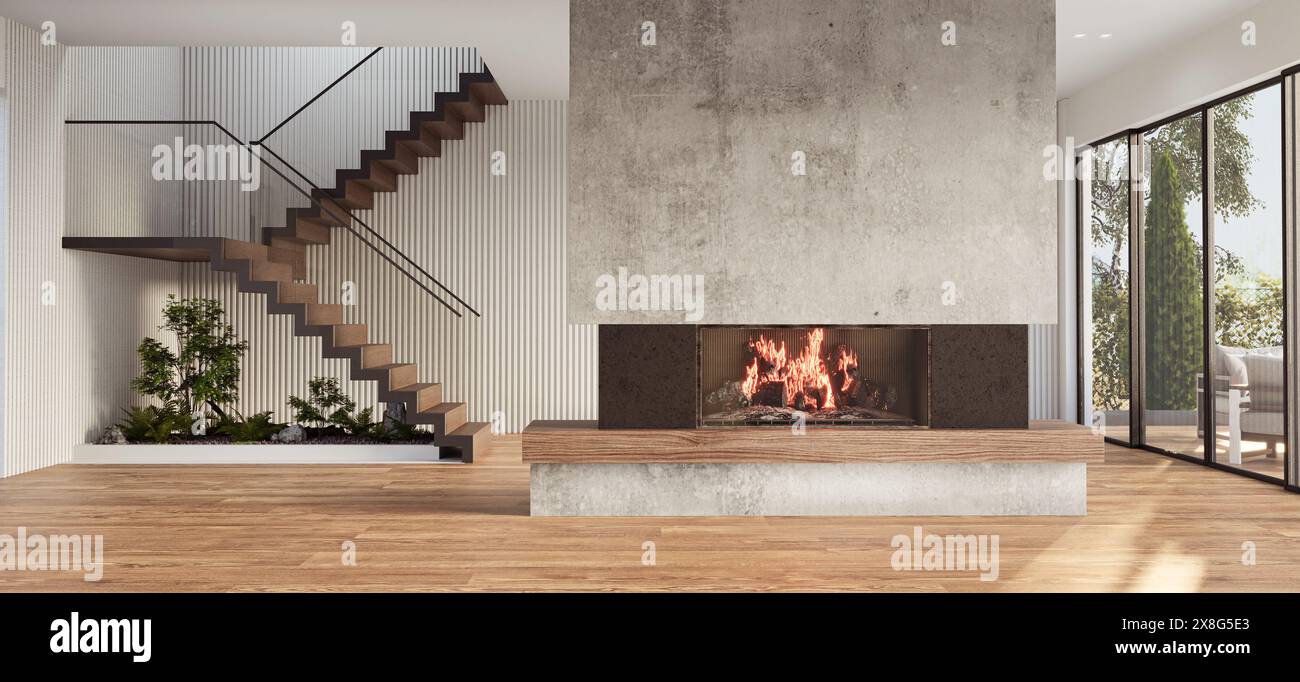 Cozy living room interior with large windows, staircase, fireplace and ...