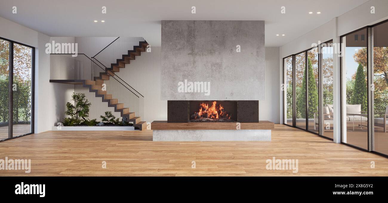 Cozy living room interior with large windows, staircase, fireplace and ...