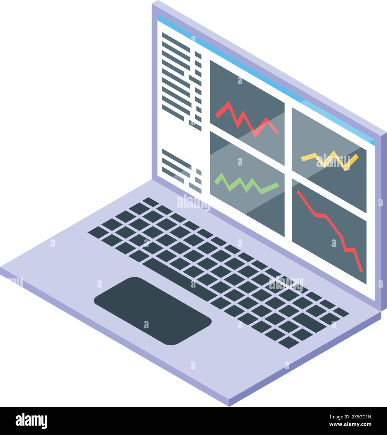 3d isometric illustration of a laptop displaying colorful financial ...