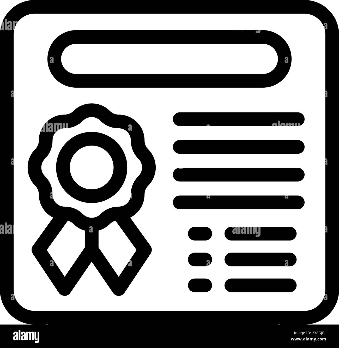 Black and white line art of a certificate icon with an award ribbon ...