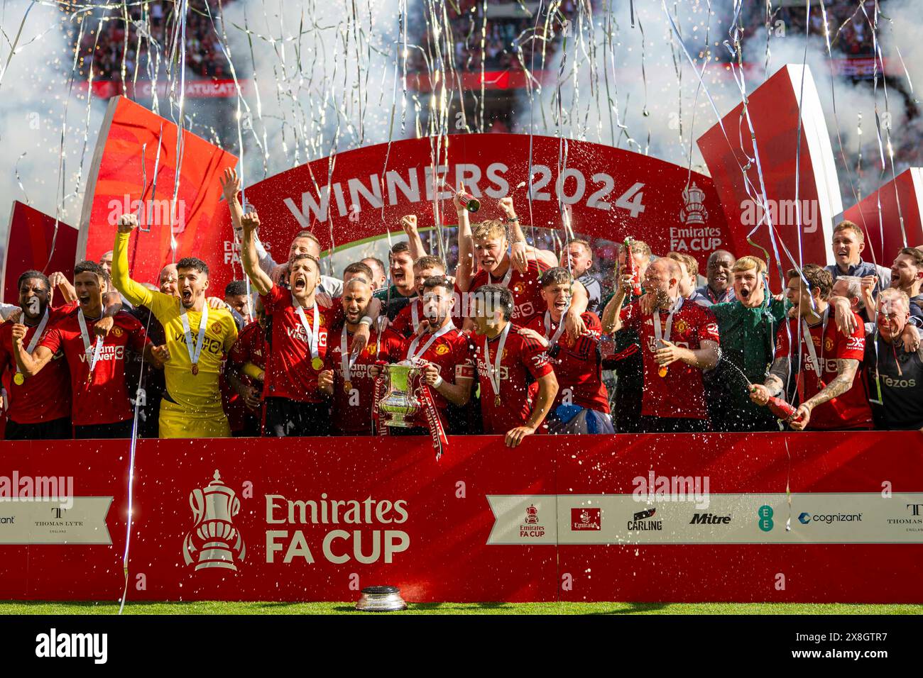 London, UK. 25th May, 2024. Bruno Fernandes of Man Utd raises trophy after Manchester United win 1-2 the FA Cup Final between Manchester City and Manchester United at Wembley Stadium in London, England. (Richard Callis/SPP) Credit: SPP Sport Press Photo. /Alamy Live News Stock Photo