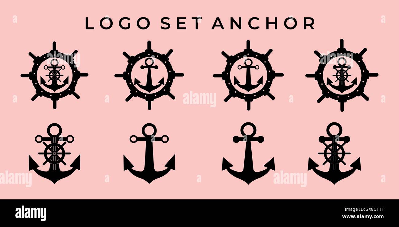 set of nautical or marine logo vector illustration template icon design. bundle collection of various navy logo anchor ship steering wheel line art an Stock Vector