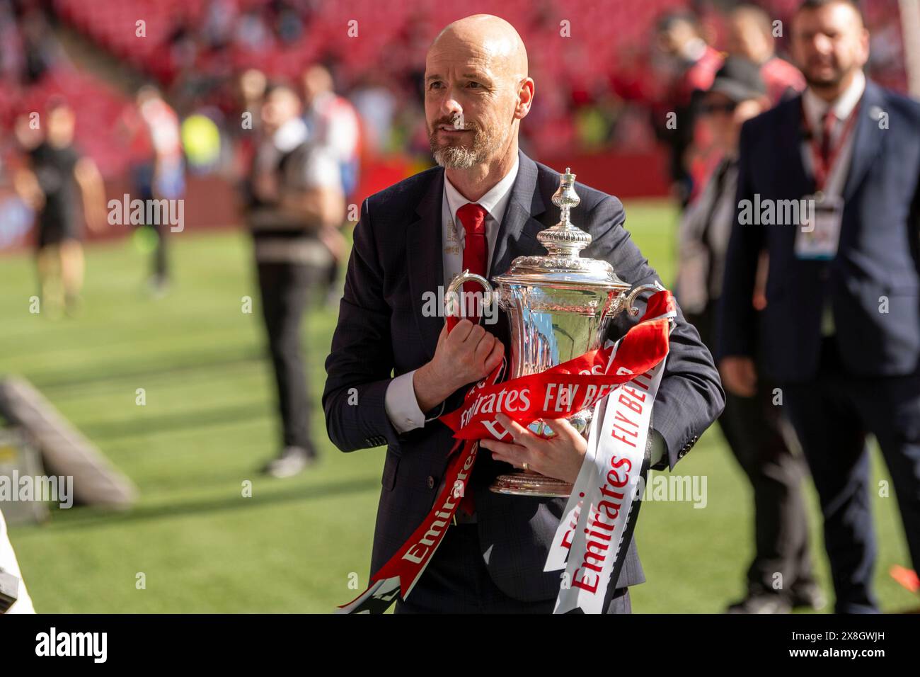 London, UK. 25th May, 2024. Manchester United manager Erik Ten Hag with trophy after Manchester United win 1-2 the FA Cup Final between Manchester City and Manchester United at Wembley Stadium in London, England. (Richard Callis/SPP) Credit: SPP Sport Press Photo. /Alamy Live News Stock Photo