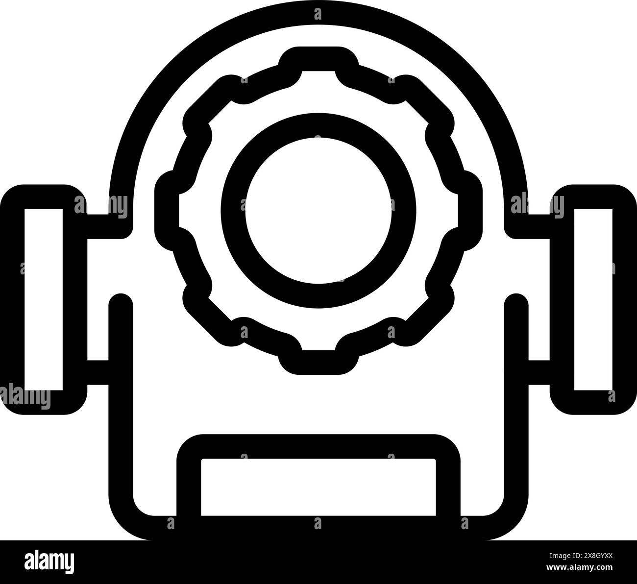 Black and white vector icon featuring a stylized headgear with gears ...