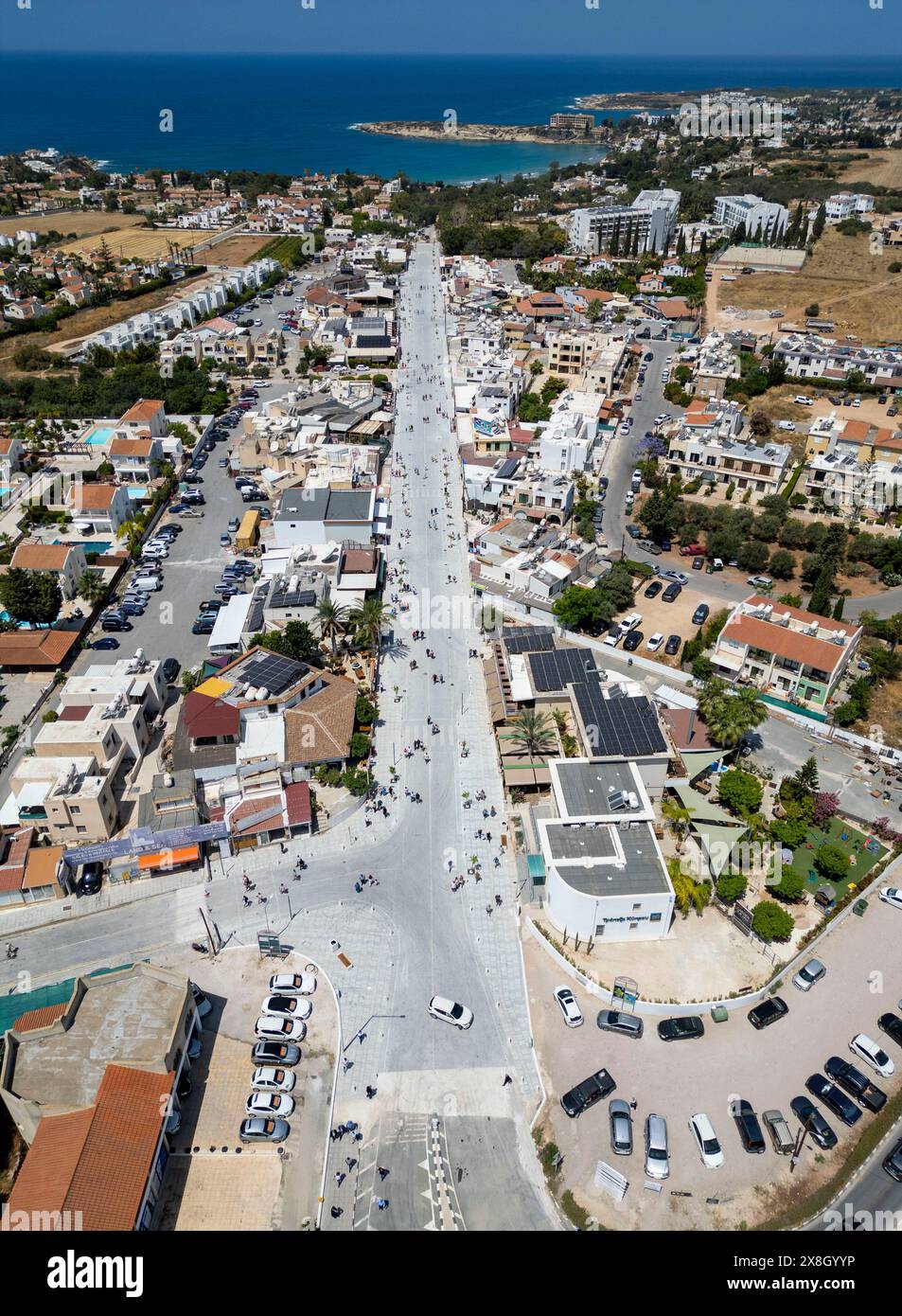 Aerial drone view of the newly finished tourist strip in Coral Bay, Pegeia municipality, Paphos district, Cyprus. Stock Photo