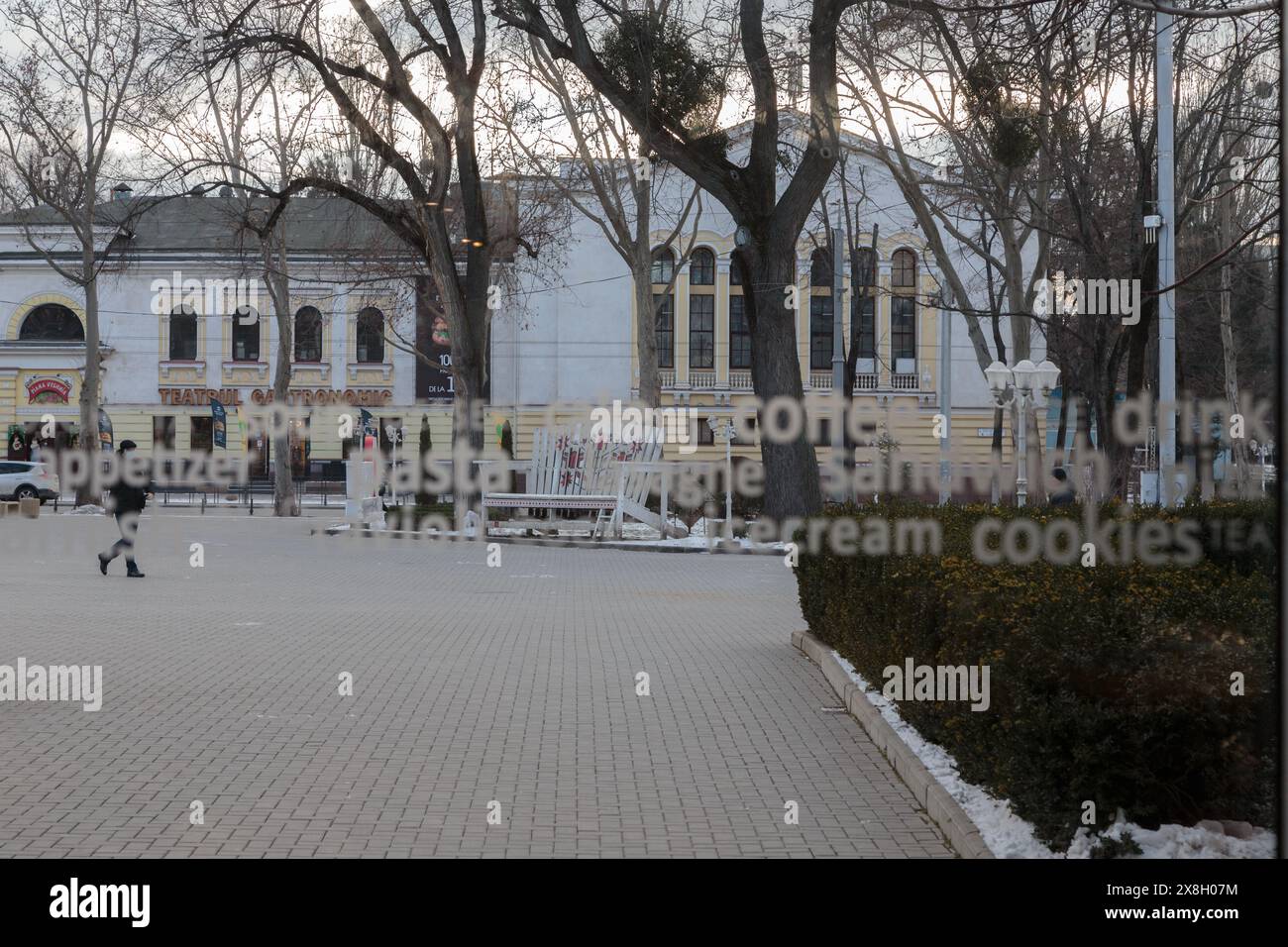 Square in front of the Opera and Ballet Theater. Bd. Stefan cel Mare si Sfint. Chisinau, Republic of Moldova. February 16, 2021, at 16.50 pm. Stock Photo