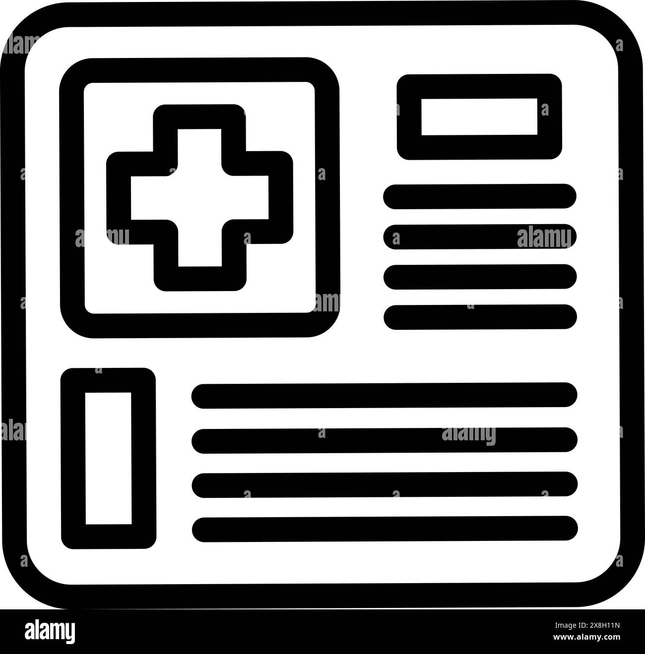 Black and white medical report icon illustration for healthcare symbol, document, and record graphic in clinic paperwork, patient history, and electronic health record ehr vector representation Stock Vector