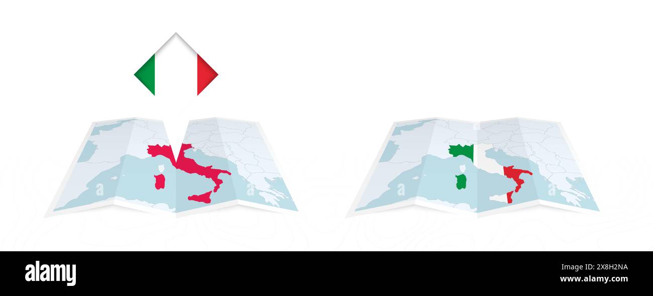 Two versions of an Italy folded map, one with a pinned country flag and ...
