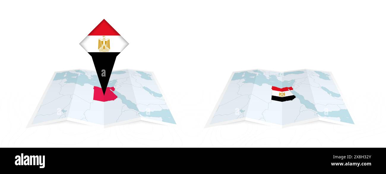 Two versions of an Egypt folded map, one with a pinned country flag and one with a flag in the map contour. Template for both print and online design. Stock Vector