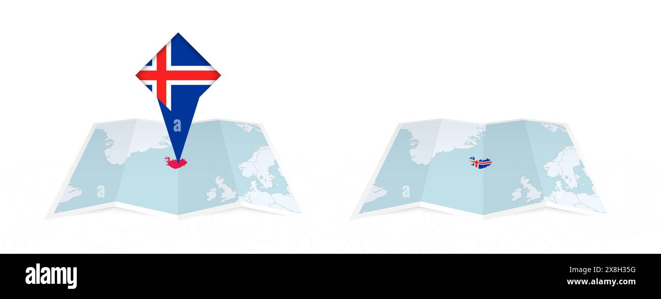 Two versions of an Iceland folded map, one with a pinned country flag ...