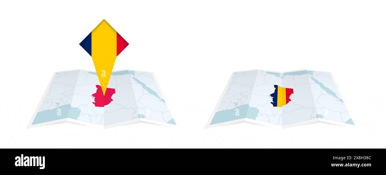 Two versions of an Chad folded map, one with a pinned country flag and ...