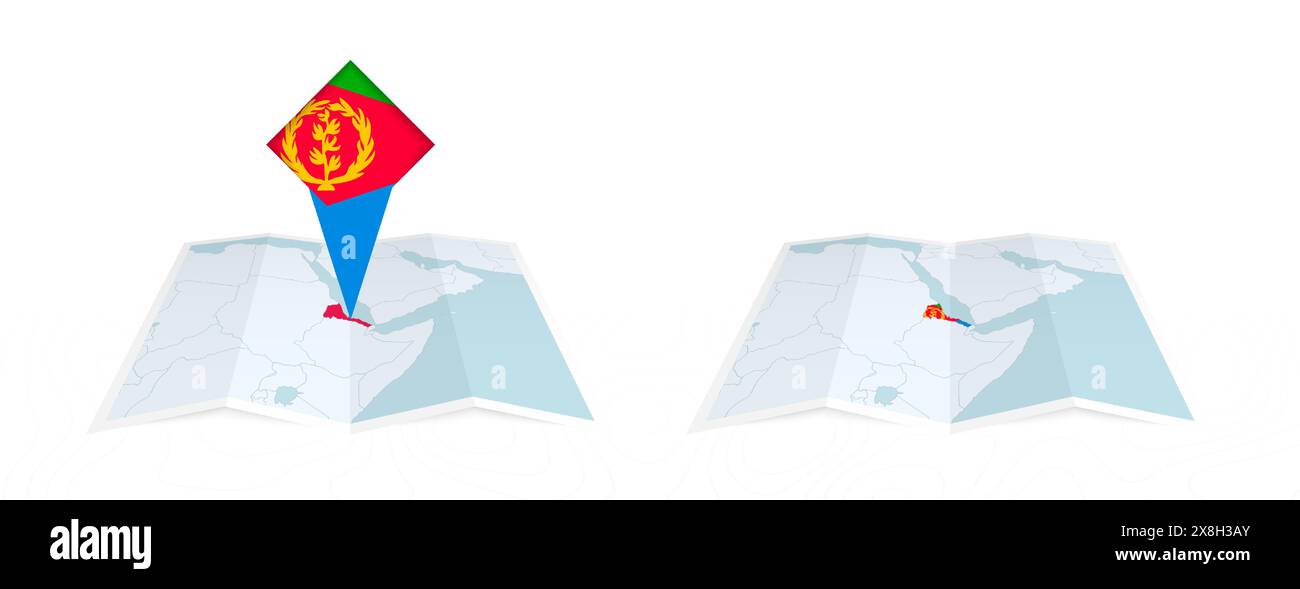 Two versions of an Eritrea folded map, one with a pinned country flag ...