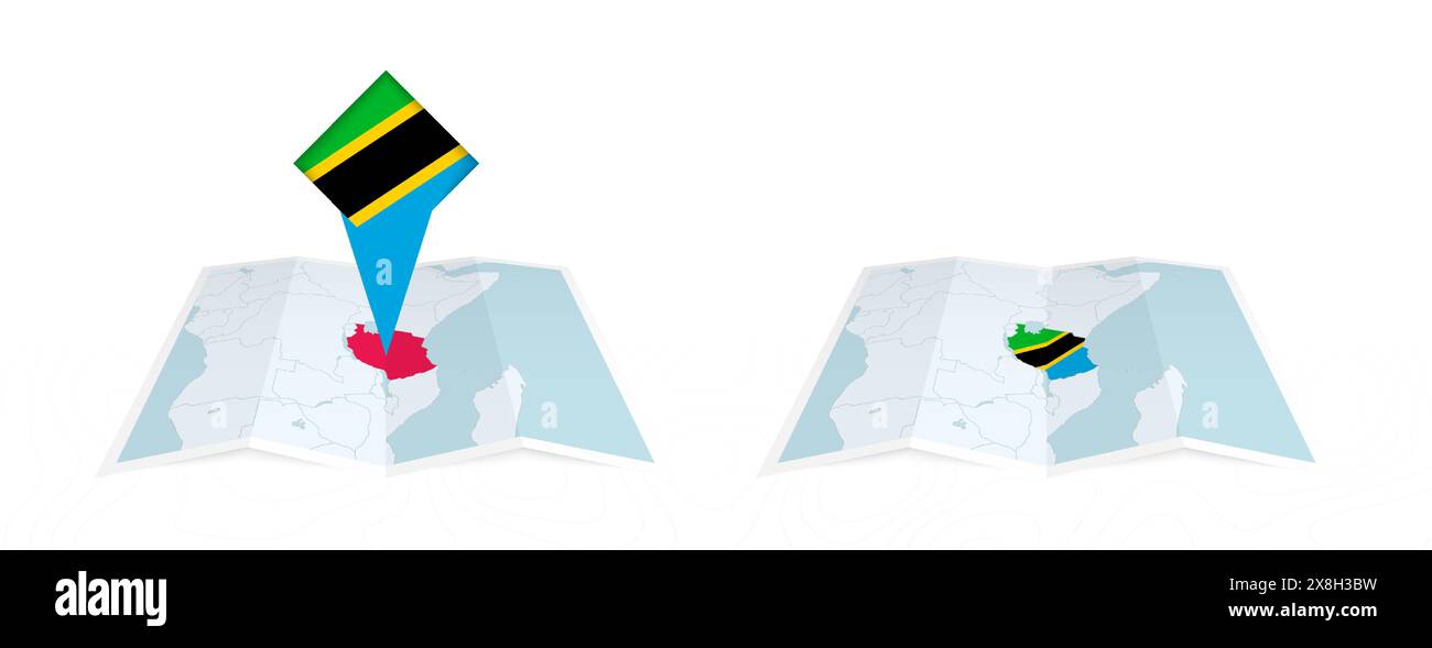 Two versions of an Tanzania folded map, one with a pinned country flag ...