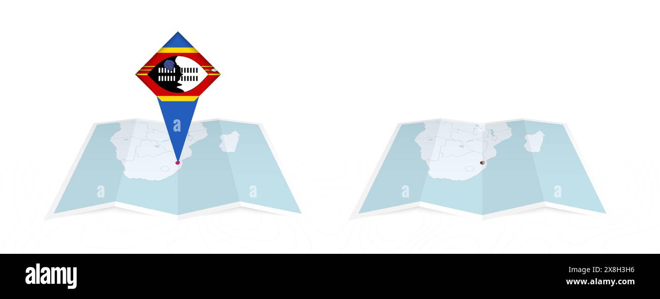 Two versions of an Swaziland folded map, one with a pinned country flag ...