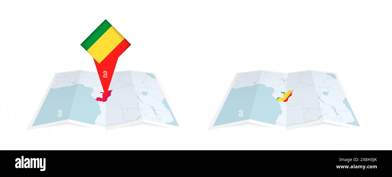 Two versions of an Congo folded map, one with a pinned country flag and ...