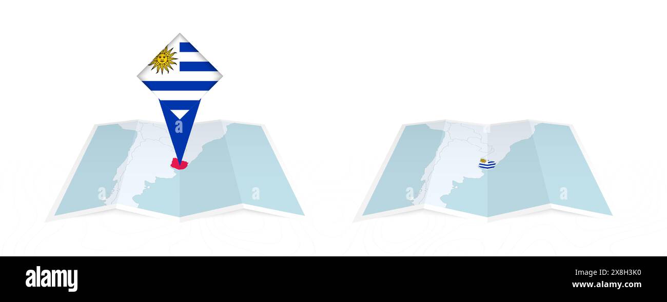 Two versions of an Uruguay folded map, one with a pinned country flag and one with a flag in the map contour. Template for both print and online desig Stock Vector