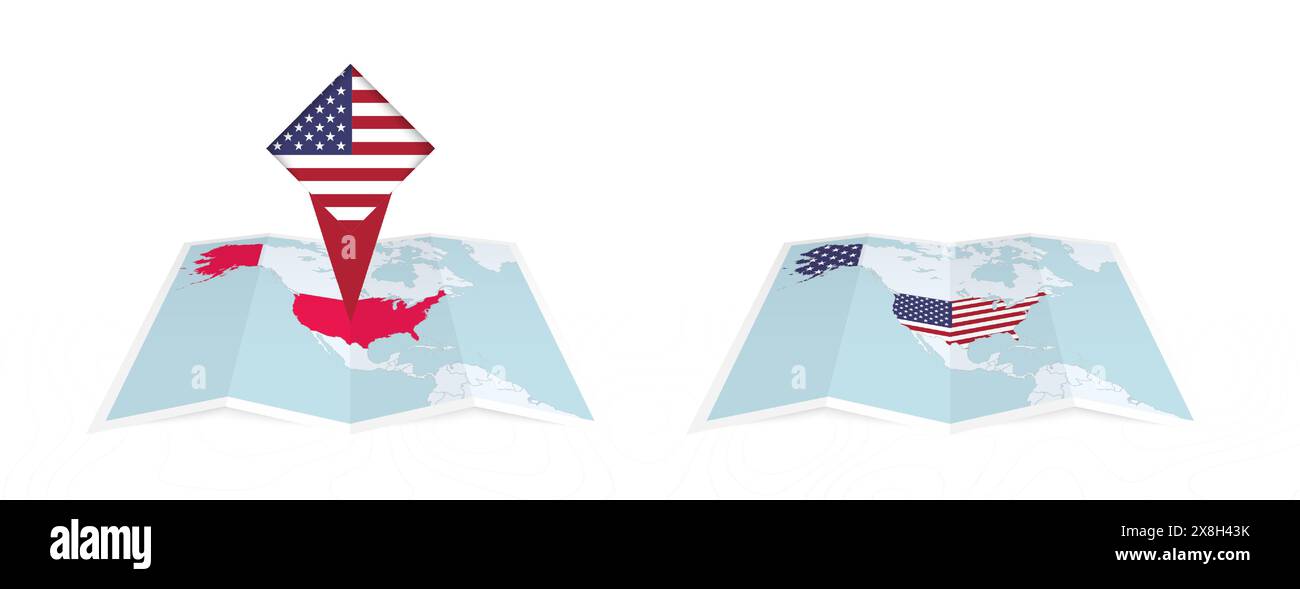 Two versions of an USA folded map, one with a pinned country flag and ...