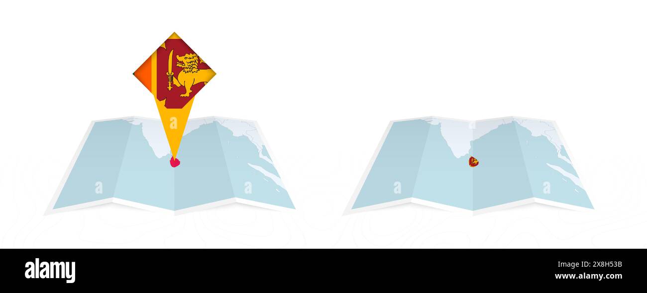 Two versions of an Sri Lanka folded map, one with a pinned country flag and one with a flag in the map contour. Template for both print and online des Stock Vector