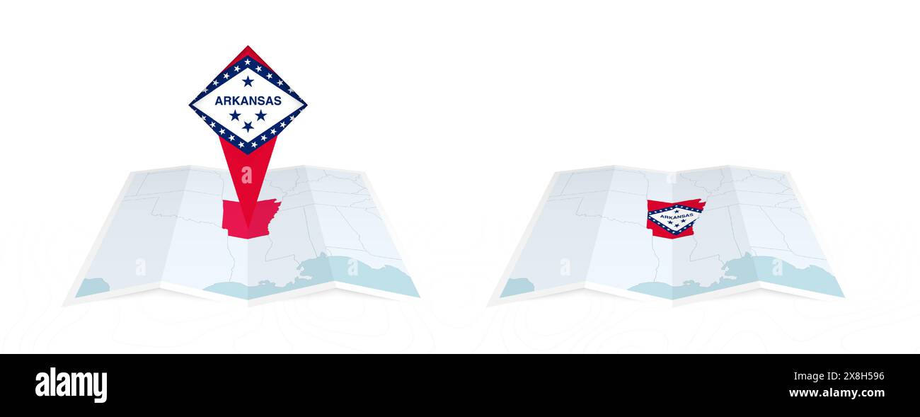 Two versions of an Arkansas folded map, one with a pinned country flag ...