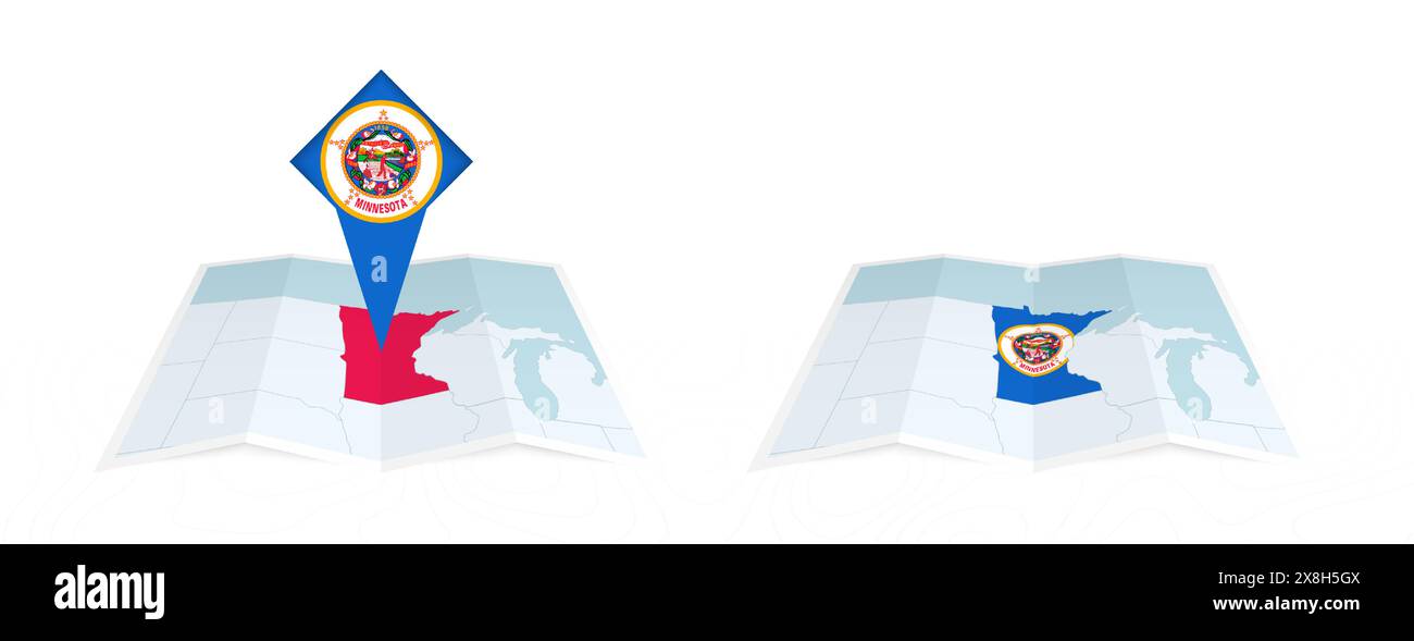 Two versions of an Minnesota folded map, one with a pinned country flag ...