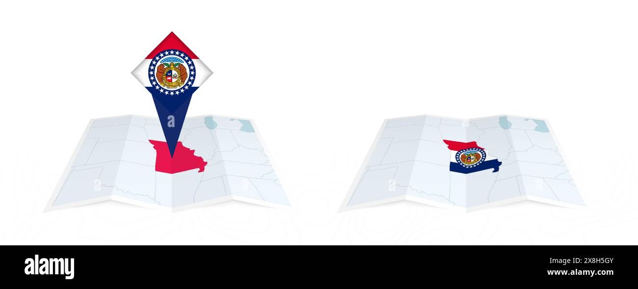 Two versions of an Missouri folded map, one with a pinned country flag ...