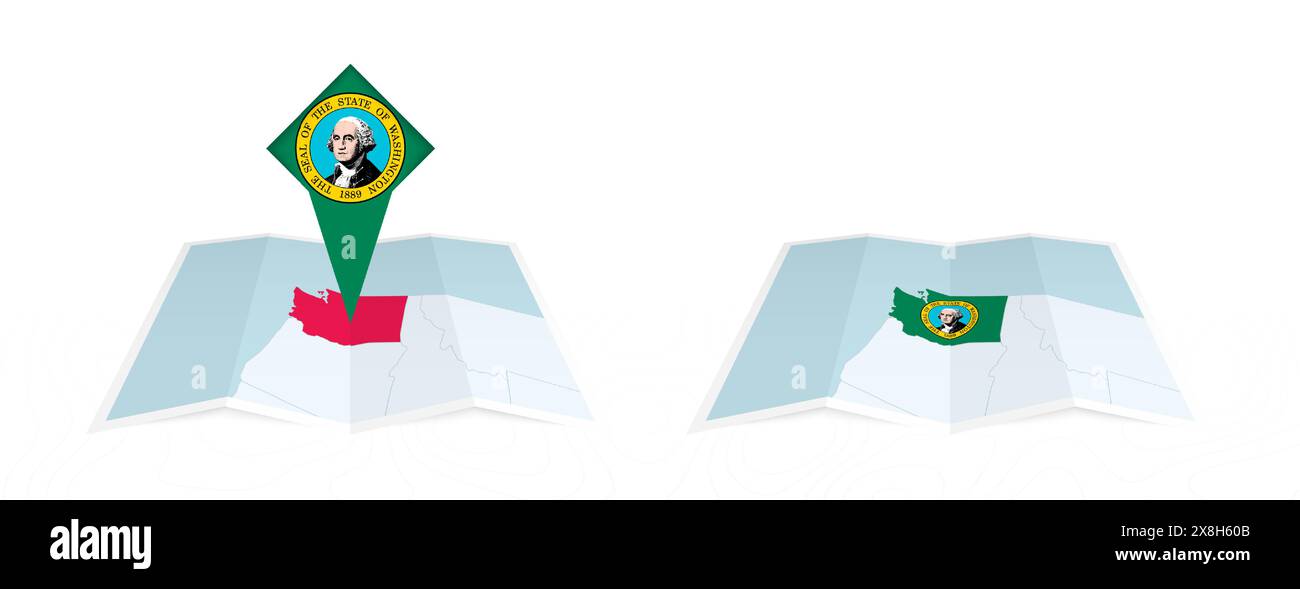 Two versions of an Washington folded map, one with a pinned country ...