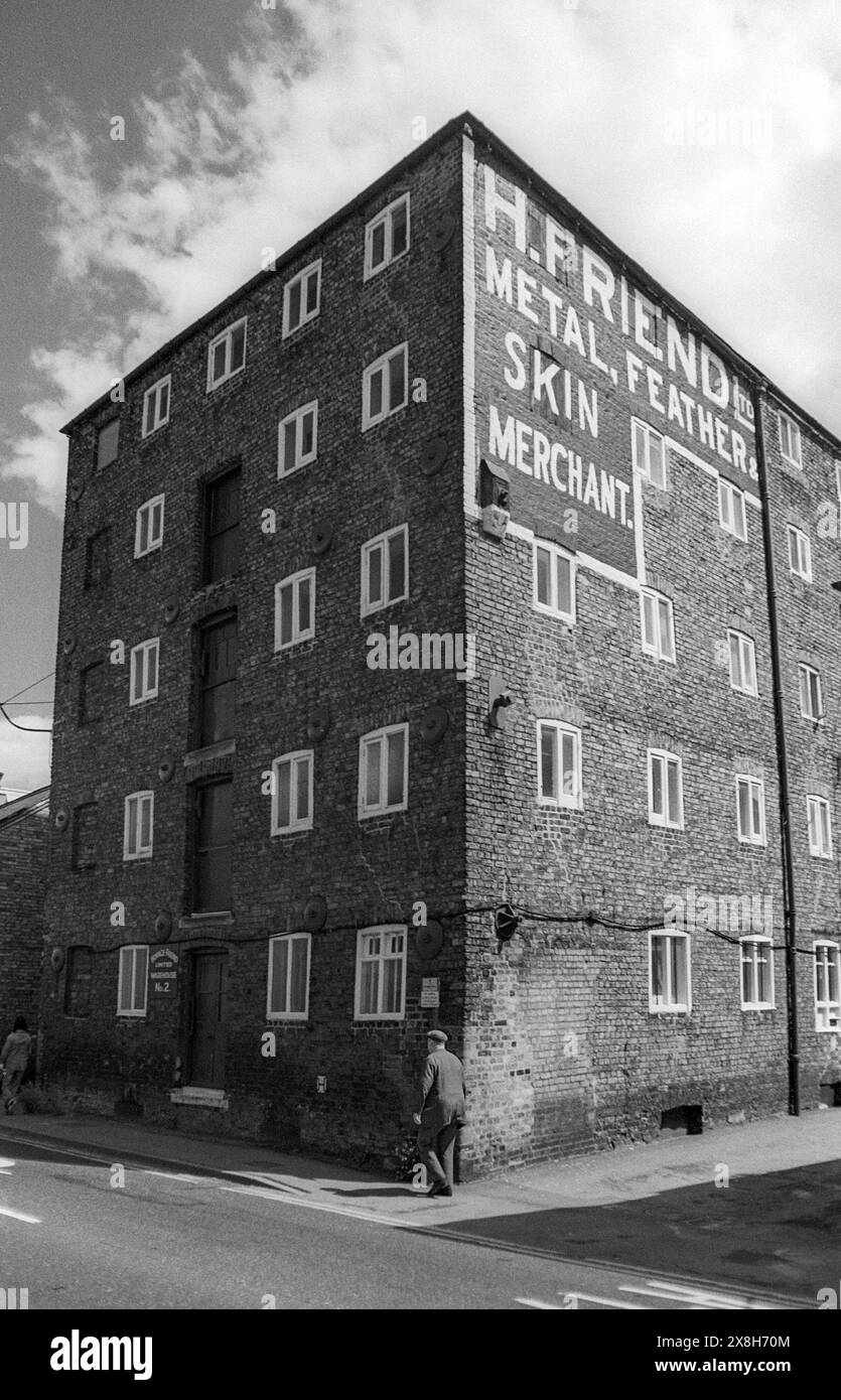 Early 1980s black & white archive photograph of H Friend, Metal Feather & Skin Merchant warehouse in Wisbech, Cambridgeshire. Stock Photo