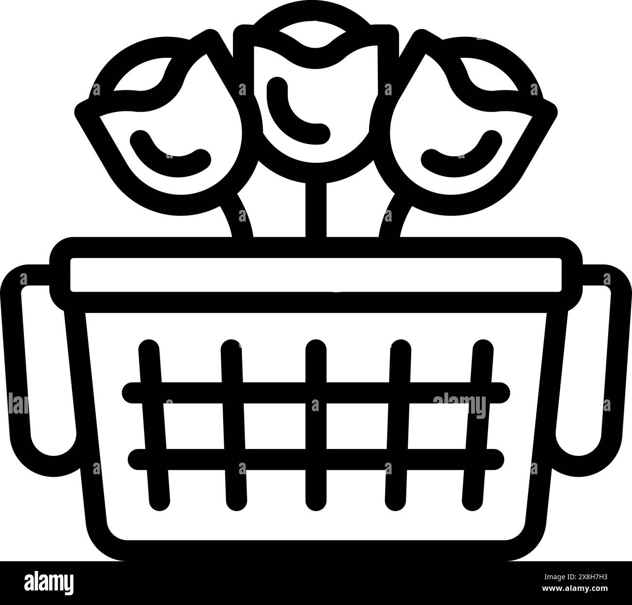 Black and white digital drawing of stylized flowers in a woven basket ...