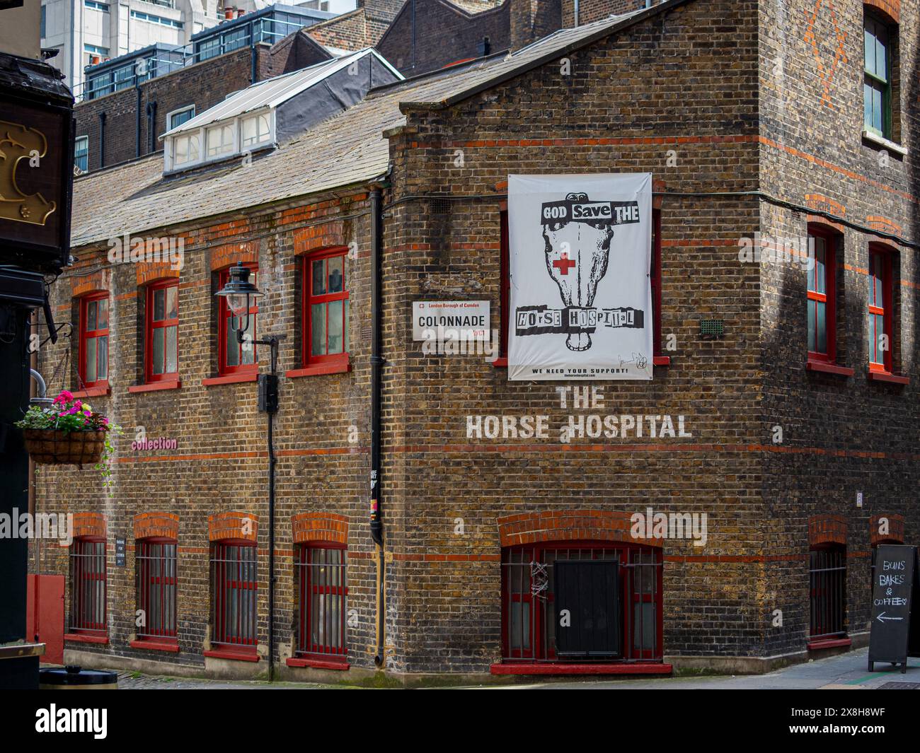 The Horse Hospital Bloomsbury London. The Horse Hospital, a Grade II listed independent arts venue. Venue opened 1993, building 1797 as stabling. Stock Photo