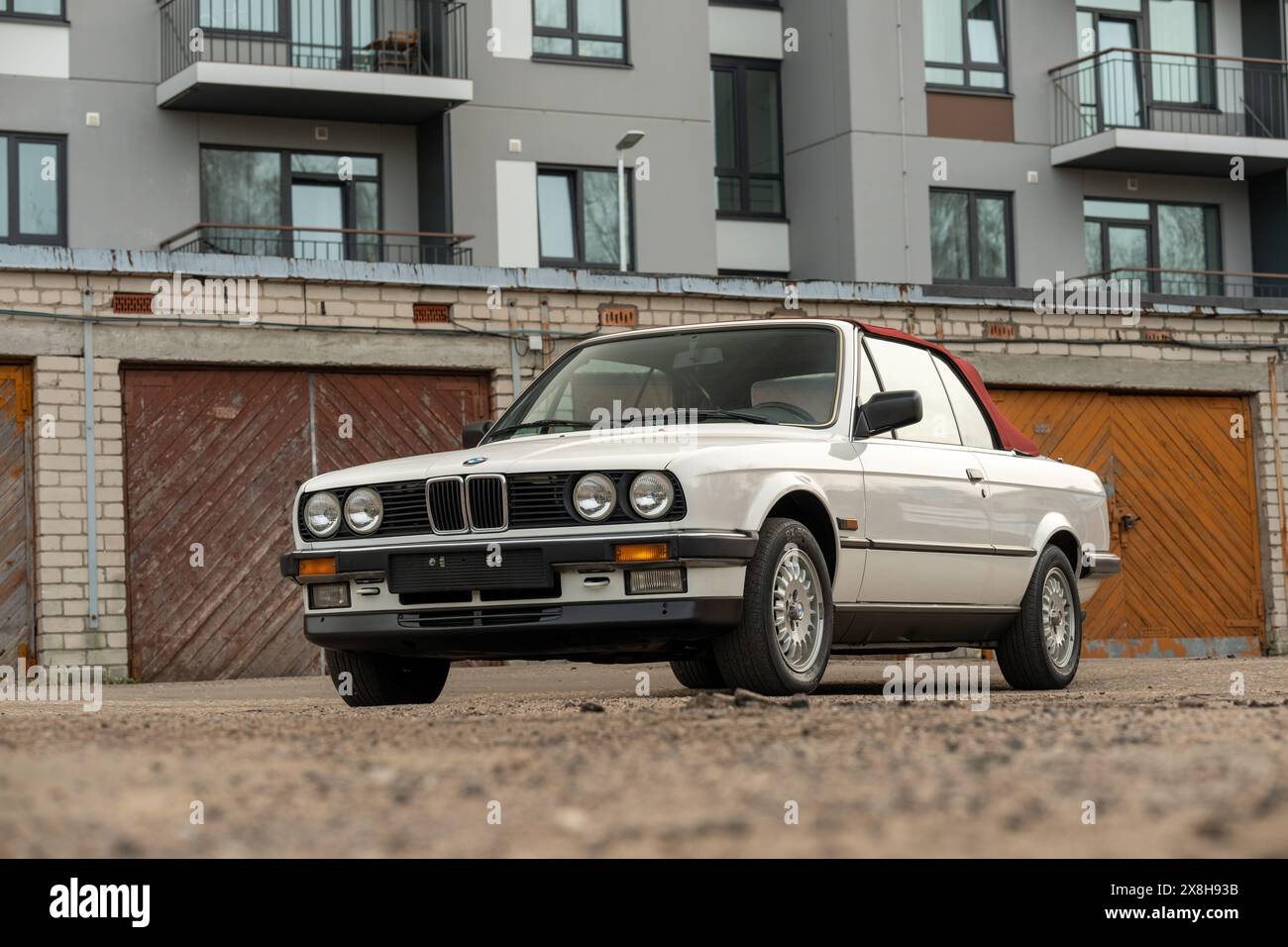 Riga, Latvia - April 1, 2024: The white classic convertible BMW E30 car ...