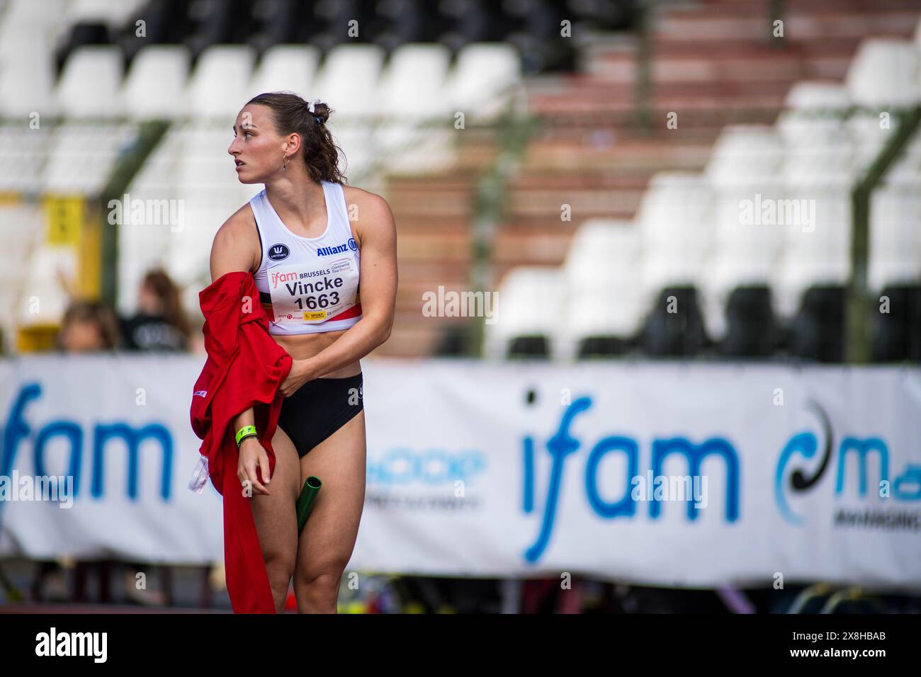 Brussels, Belgium. 25th May, 2024. Belgian Rani Vincke pictured during the women's 4x100m relay, at the IFAM Outdoor (World Athletics Continental Tour, Bronze Meeting, Saturday 25 May 2024, in Brussels. BELGA PHOTO LUCIEN LAMBOTTE Credit: Belga News Agency/Alamy Live News Stock Photo