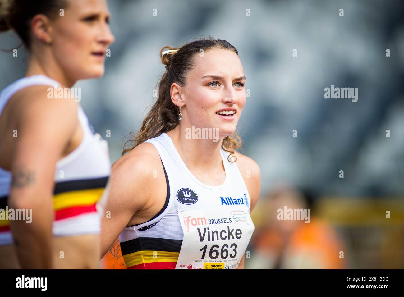 Brussels, Belgium. 25th May, 2024. Belgian Rani Vincke pictured during the women's 4x100m relay, at the IFAM Outdoor (World Athletics Continental Tour, Bronze Meeting, Saturday 25 May 2024, in Brussels. BELGA PHOTO LUCIEN LAMBOTTE Credit: Belga News Agency/Alamy Live News Stock Photo