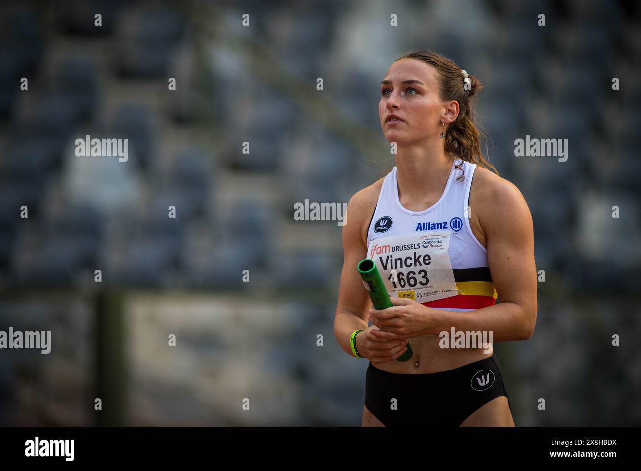 Brussels, Belgium. 25th May, 2024. Belgian Rani Vincke pictured during the women's 4x100m relay, at the IFAM Outdoor (World Athletics Continental Tour, Bronze Meeting, Saturday 25 May 2024, in Brussels. BELGA PHOTO LUCIEN LAMBOTTE Credit: Belga News Agency/Alamy Live News Stock Photo