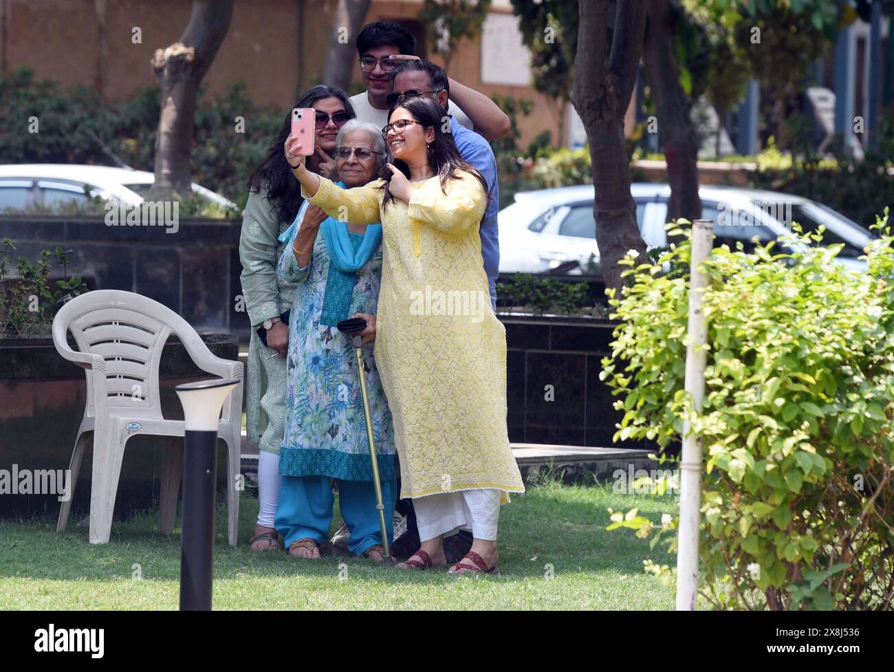 GURUGRAM, INDIA - MAY 25: A family takes a group selfie after cast their vote during sixth phase of Lok Sabha elections in a condominium at Sohna road sector-49, on May 25, 2024 in Gurugram, India. Polling for the sixth phase of general elections concluded in 58 constituencies across six states and two Union territories, including all seven seats in Delhi. Voter turnout across six states and two Union Territories during Phase 6 polling has been recorded at approximately 58.84 per cent, according to the Voter Turnout App of the Election Commission. (Photo by Parveen Kumar/Hindustan Times/Sipa U Stock Photo