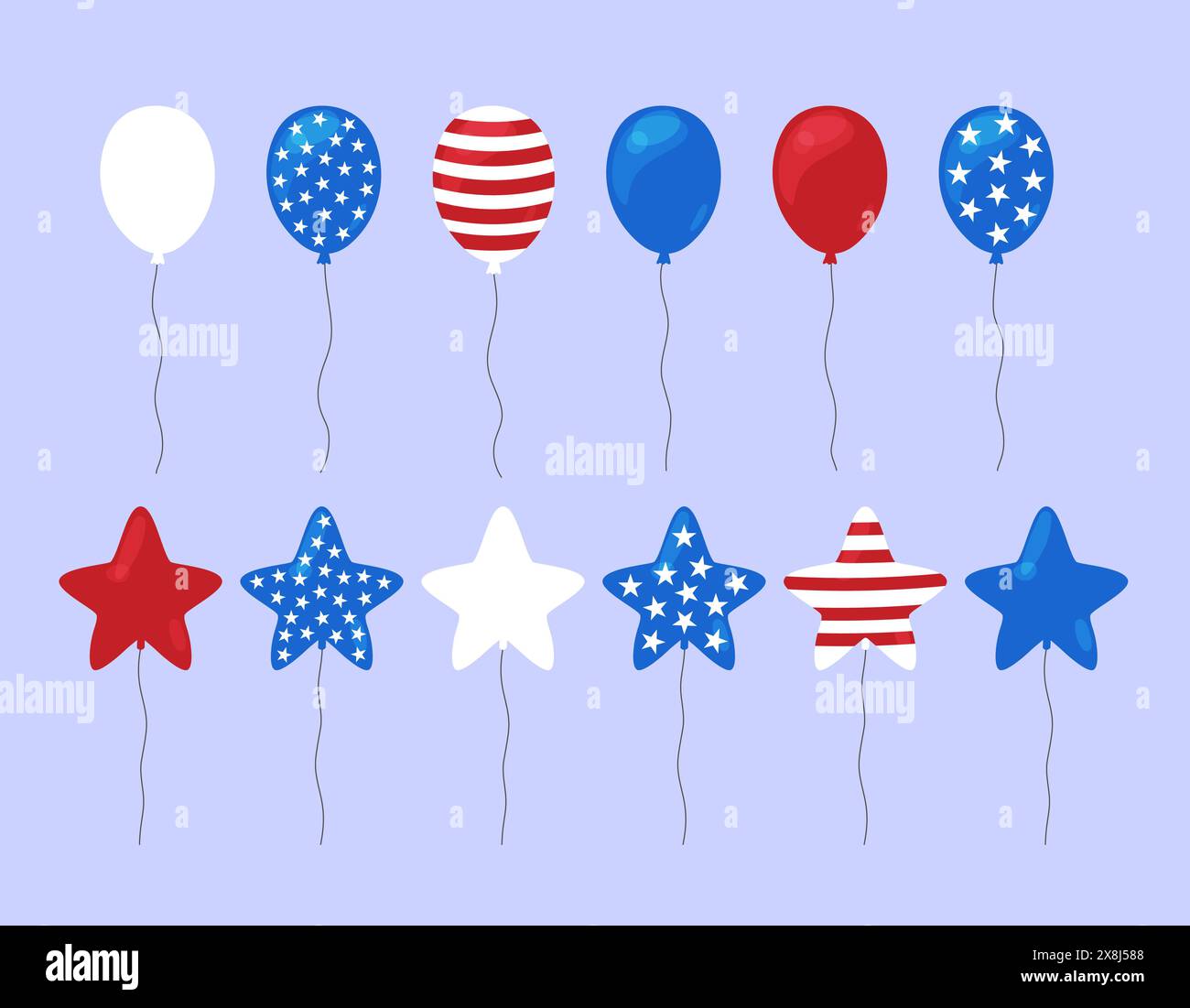 USA balloons vector set. Flat illustration of decorative elements for Independence Day or other American holidays in United States flag colors Stock Vector