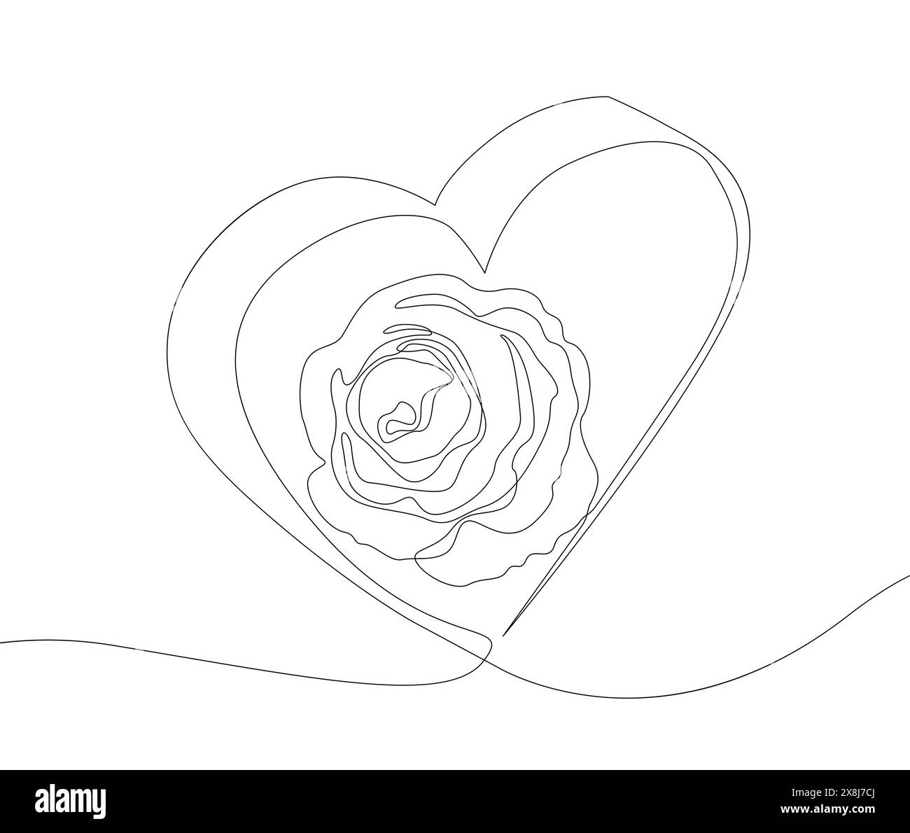 One continuous line of Heart with rose flowers. Thin Line Illustration Love vector concept. Contour Drawing Creative ideas. Stock Vector