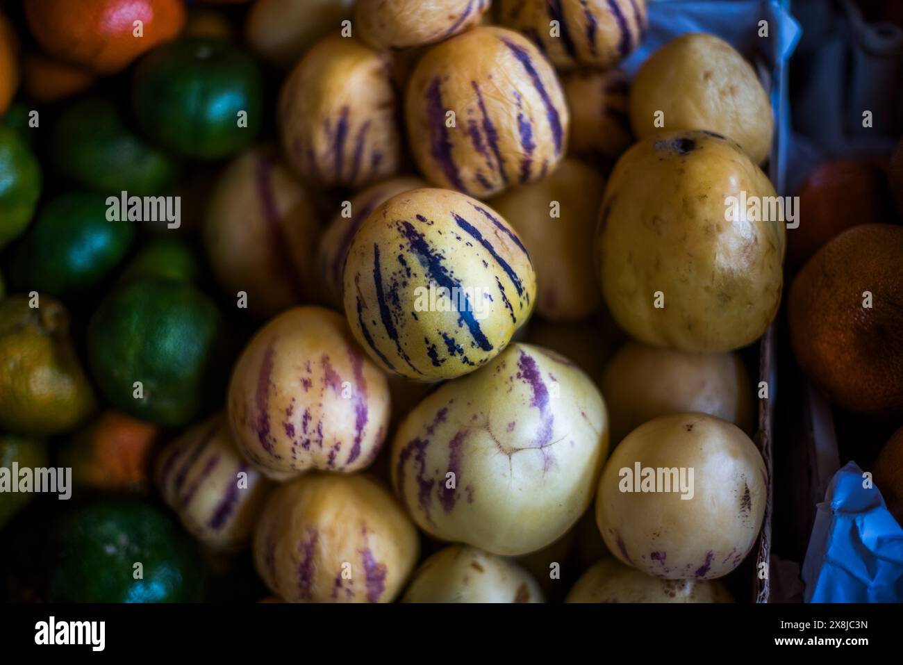 Solanum muricatum Aiton piled up on market stalls in Cusco in Peru in South America Stock Photo