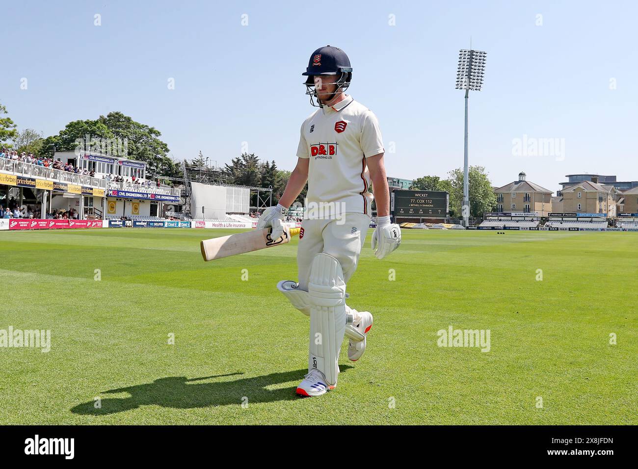 Jordan Cox of Essex leaves the field having been dismissed for 112 during Essex CCC vs Warwickshire CCC, Vitality County Championship Division 1 Crick Stock Photo