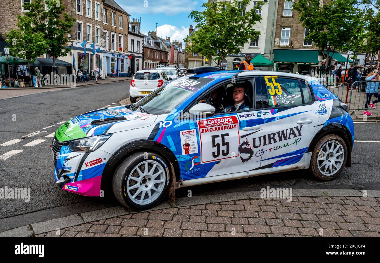 25th May 2024:  Day two of the Beatson's Building Supplies JIM CLARK RALLY in Duns, Scotland  Car leaving the start in Market Square, Duns Stock Photo