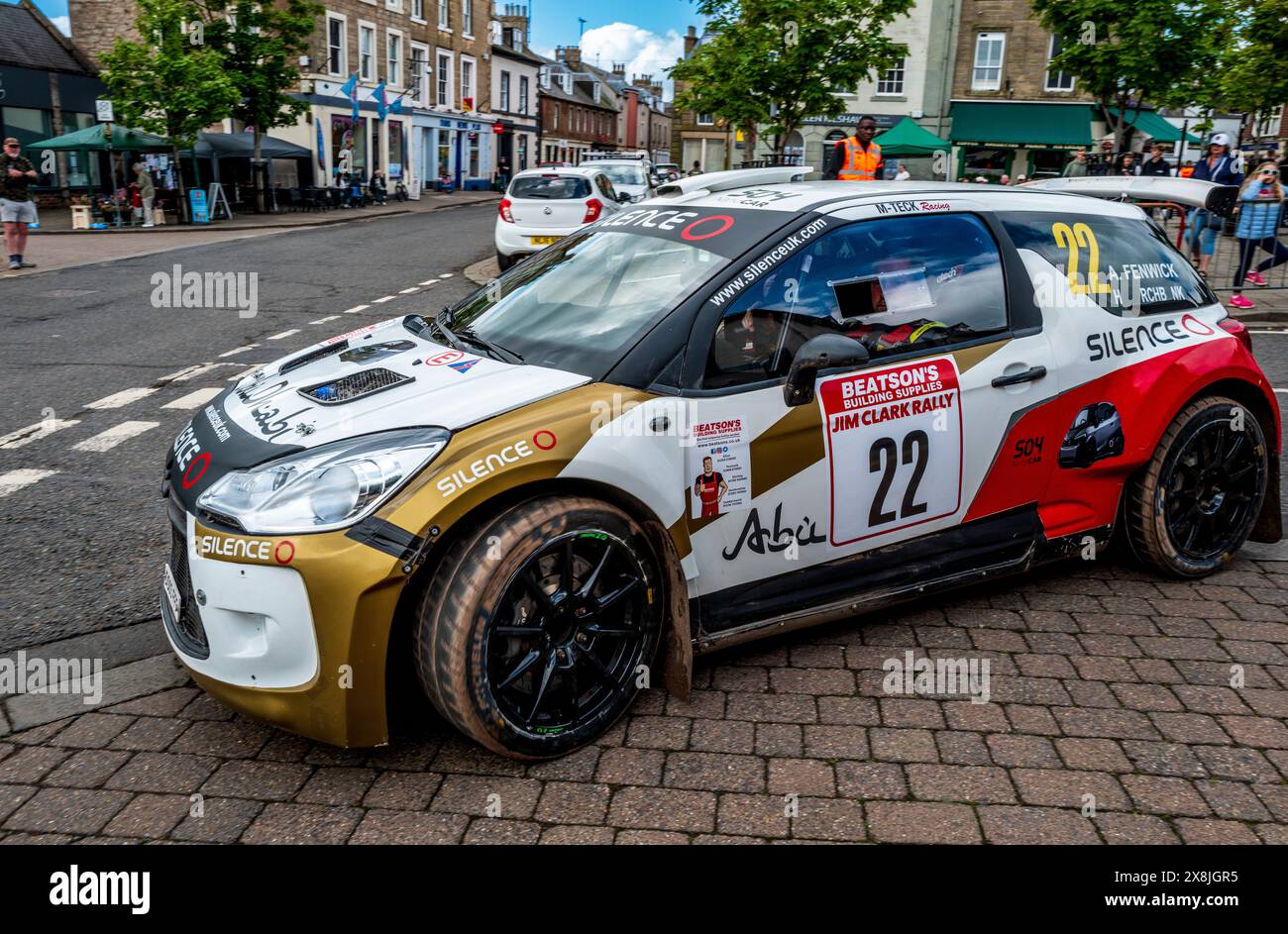 25th May 2024:  Day two of the Beatson's Building Supplies JIM CLARK RALLY in Duns, Scotland  Car leaving the start in Market Square, Duns Stock Photo