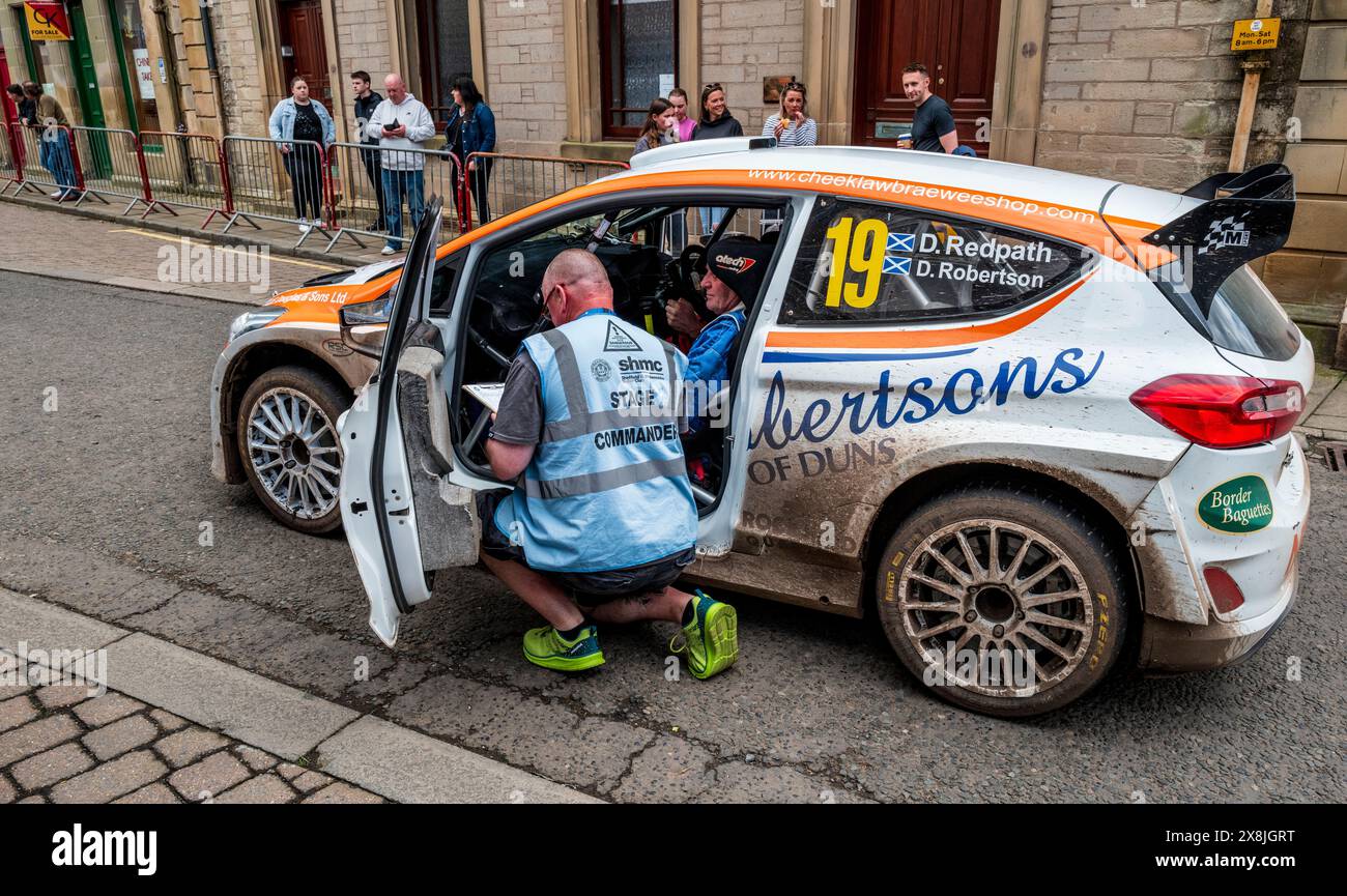 25th May 2024:  Day two of the Beatson's Building Supplies JIM CLARK RALLY in Duns, Scotland  Car preparing to start in Market Square, Duns Stock Photo
