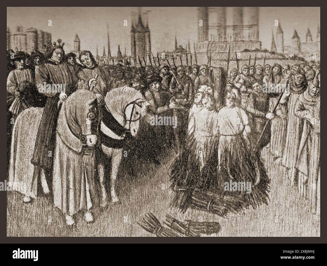 An historic print of women burned at the stake in Paris, France