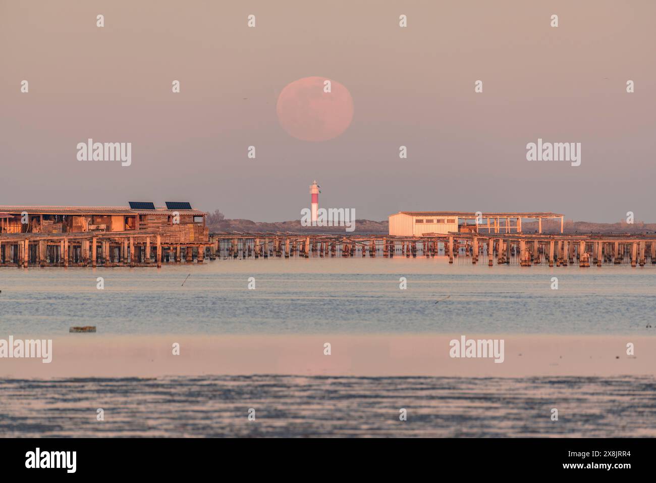 Sunset and moonrise in Fangar Bay and its lighthouse, in the Ebro Delta (Tarragona, Catalonia, Spain) ESP: Atardecer y salida de Luna, bahía Alfaques Stock Photo