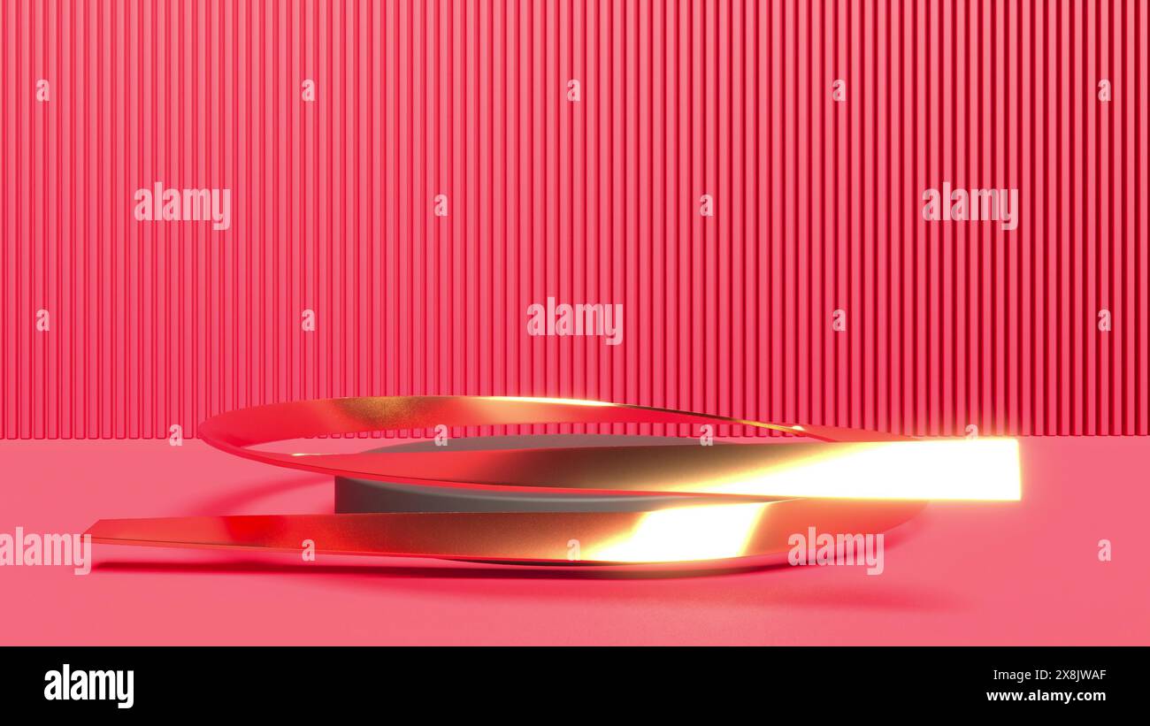 Black podium Red luxury bg with gold ribbon stage award empty mockup 3d render Stock Photo