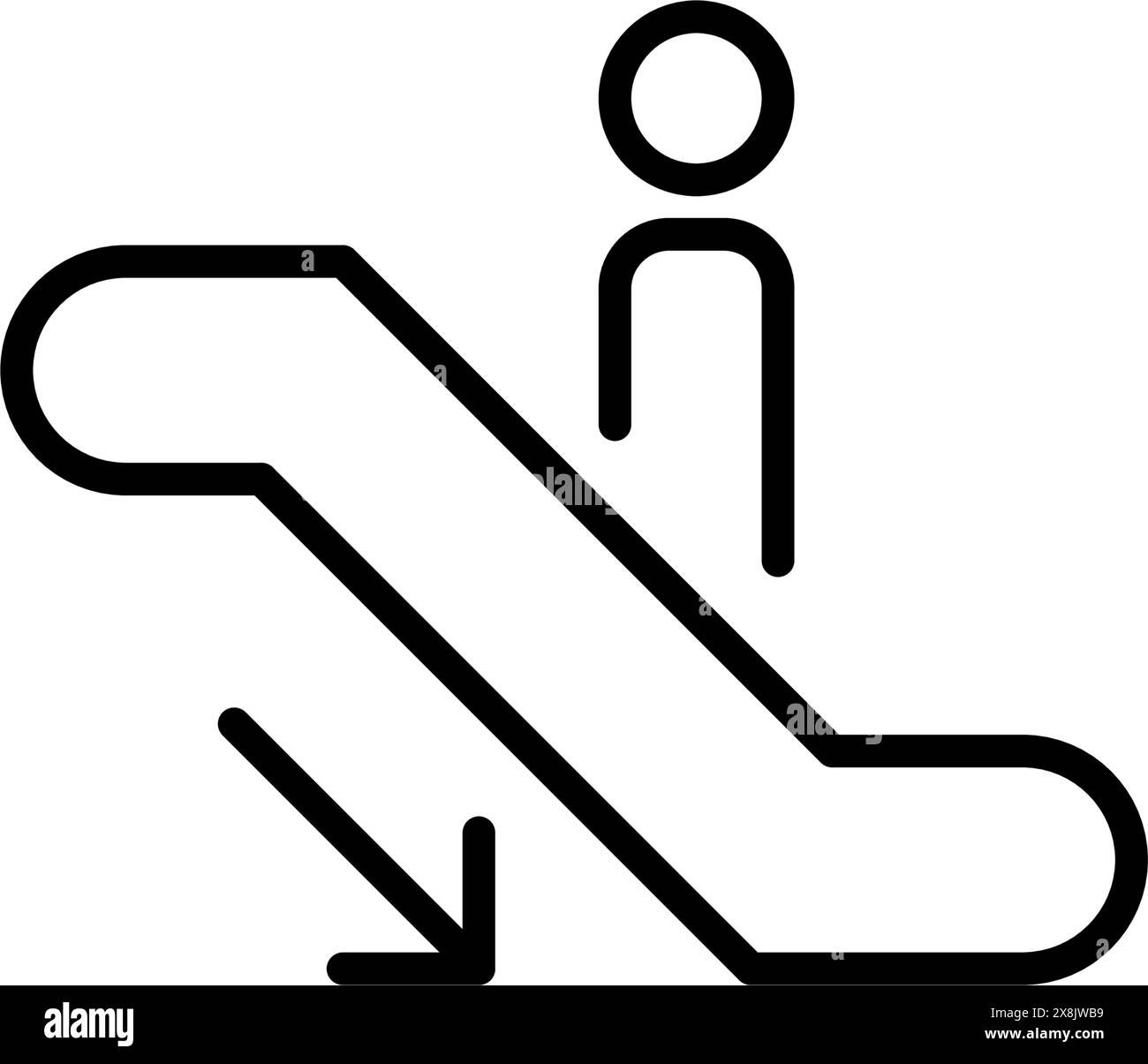 Person standing on escalator going down. Vertical moving stairs. Pixel perfect vector icon Stock Vector