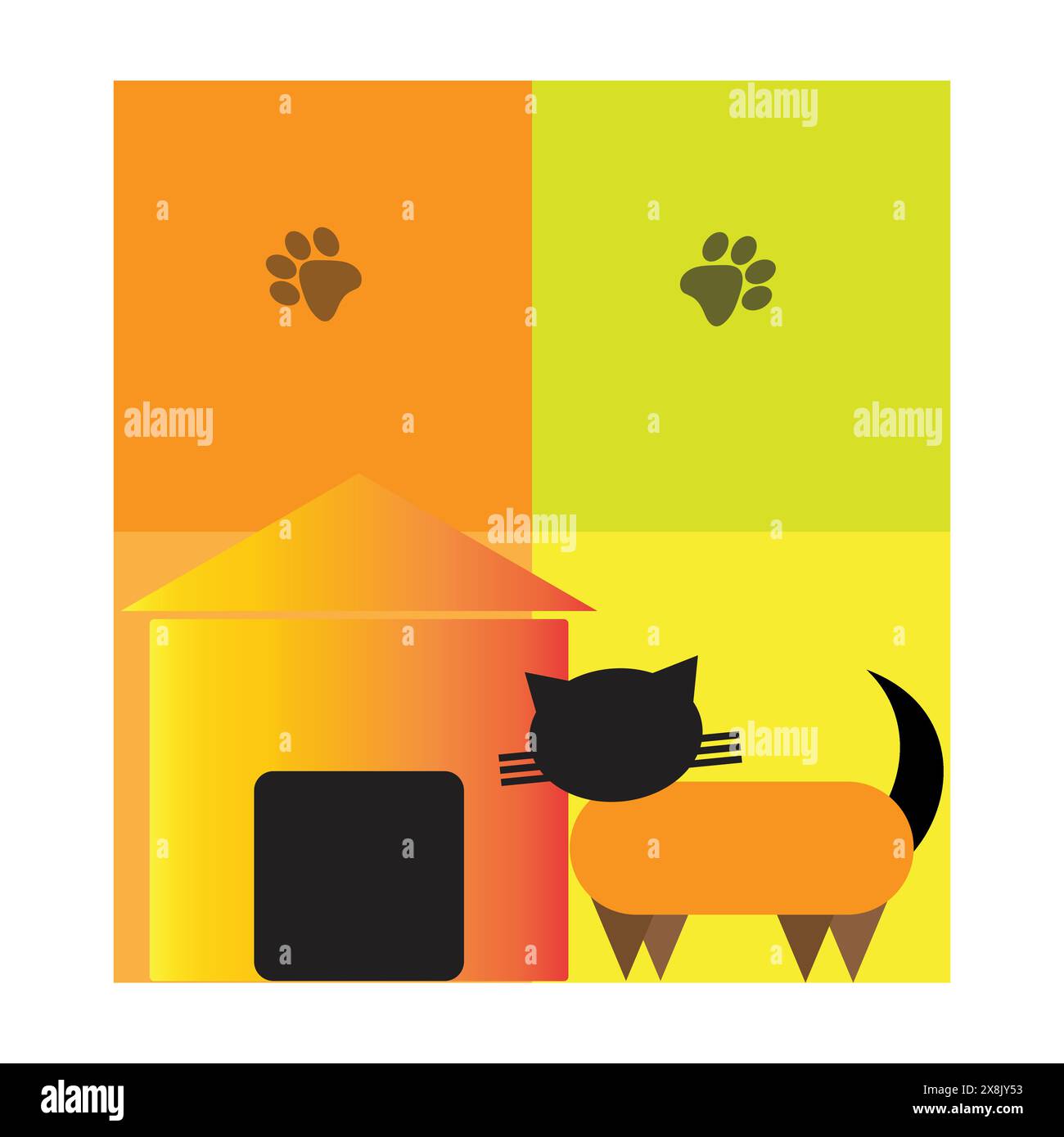 Colorful Cat Made Of Geometric Shapes And Lines Near A Cat House Stock 