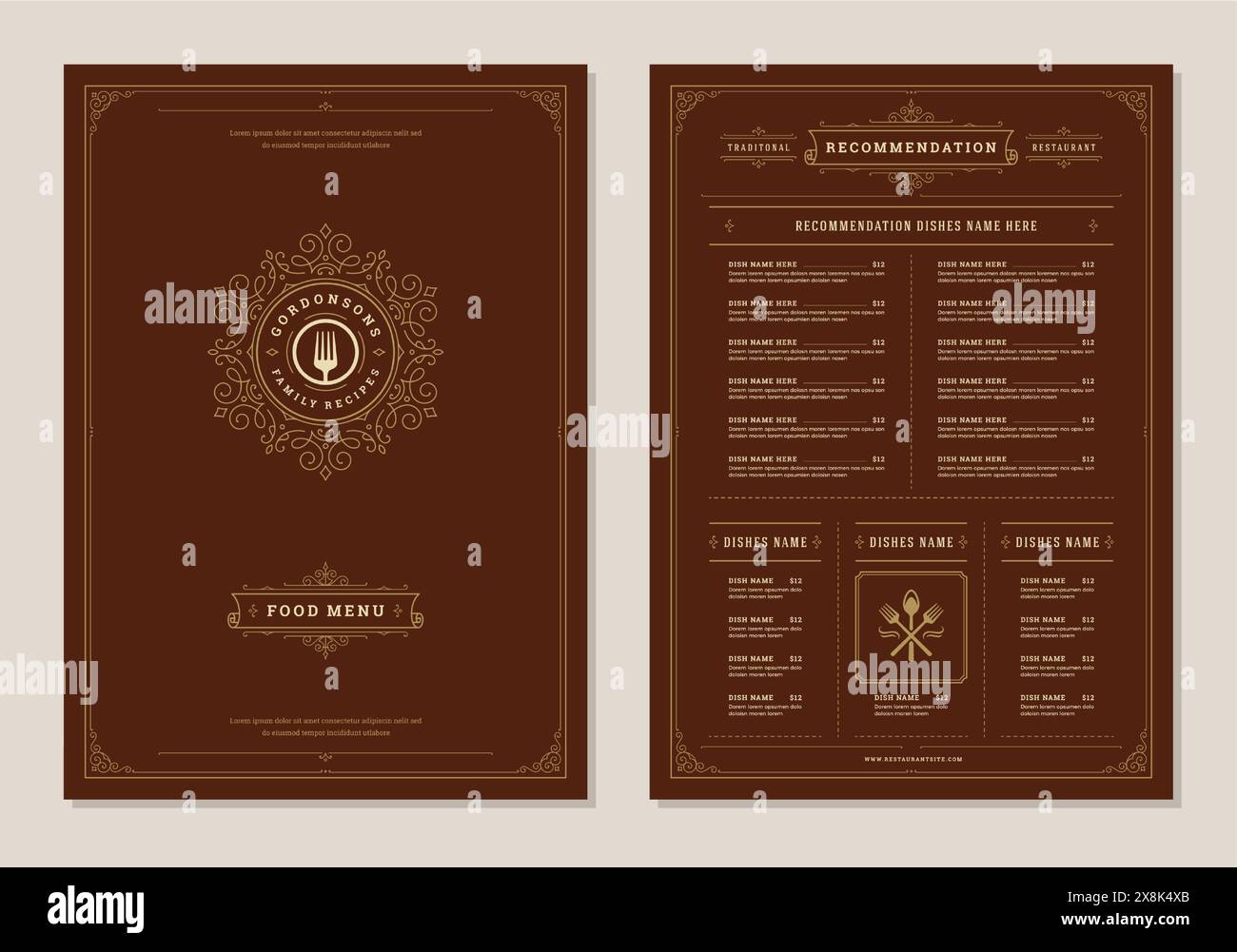 Restaurant menu design and label vector brochure template. Fork ...