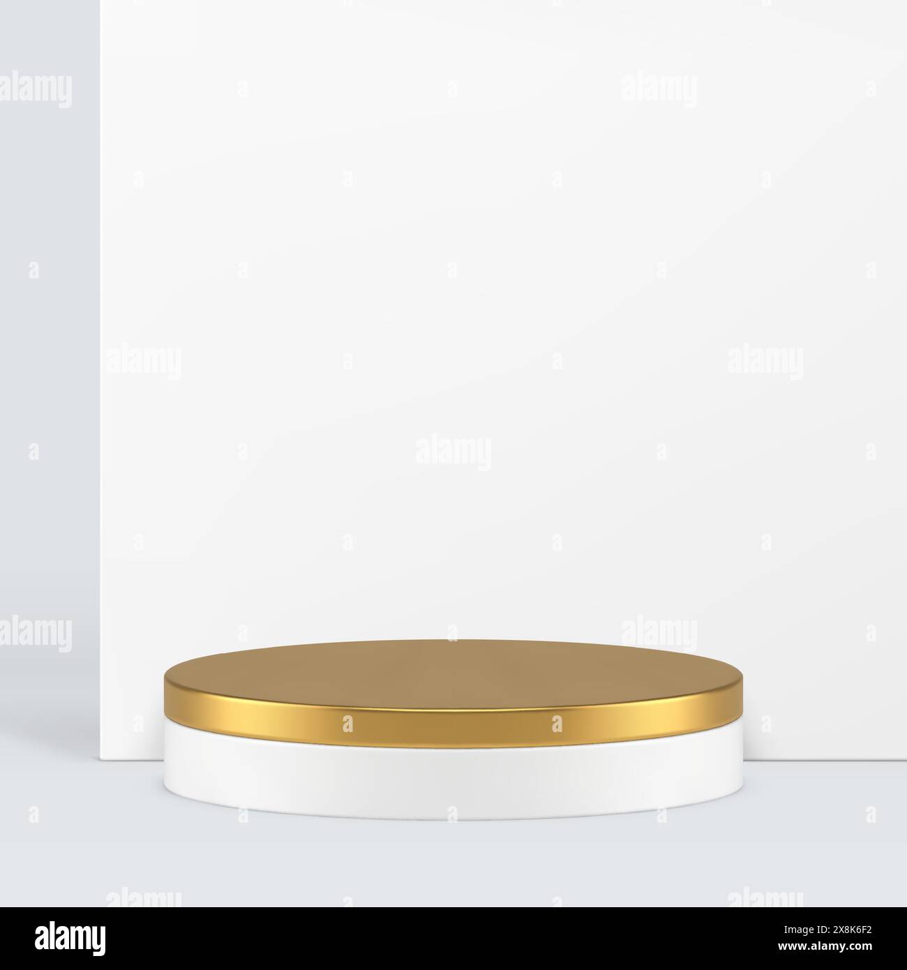 Golden cylinder 3d podium pedestal with white wall background realistic vector illustration. Luxury empty stand neutral advertising trendy showroom mo Stock Vector